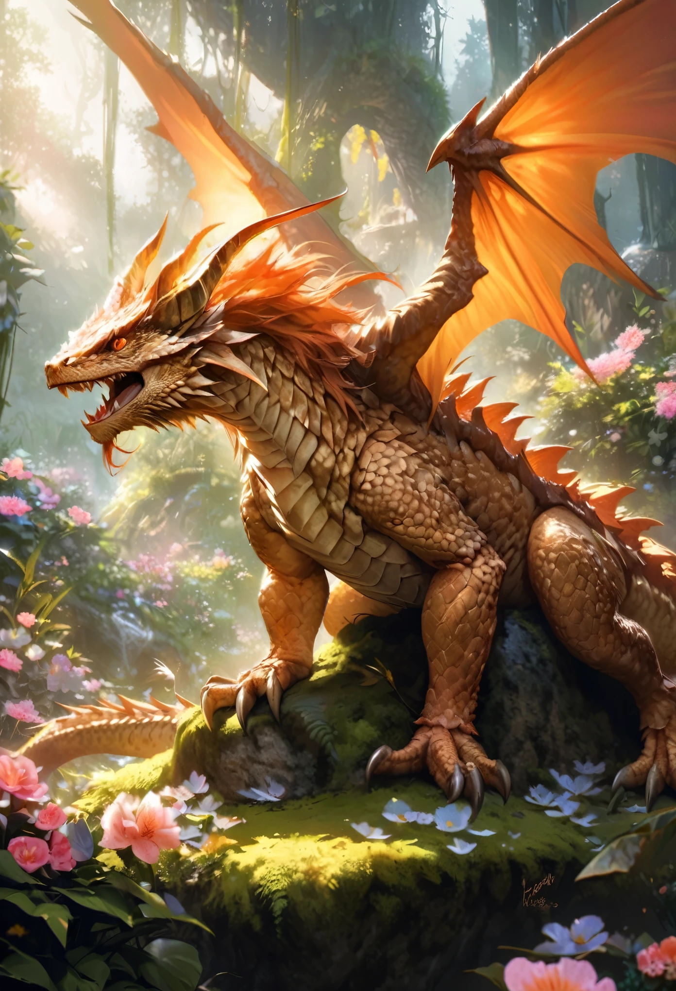 Wings:1,(best quality,realistic,ultra-detailed),dragon and bearded dragon hybrid,bearded dragon,tan and albino orange coloring,scaly texture,detailed scales,sharp claws,piercing eyes,long tail,wings sprouting from the back of the dragon,majestic posture,in a lush garden surrounded by blooming flowers,on top of a moss-covered rock,soft sunlight casting warm shadows,vibrant colors,powerful presence,natural blending of dragon and bearded dragon features,exquisite attention to detail, horn, swam environment