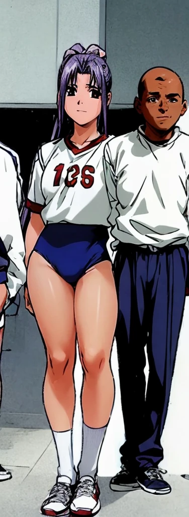 Momoko Koigakubo, a tall girl with beautiful legs, is standing with a smile on her face in a white gym uniform and light navy blue bloomers that look like panties.。Momoko Koigakubo is holding a boy in a jersey。