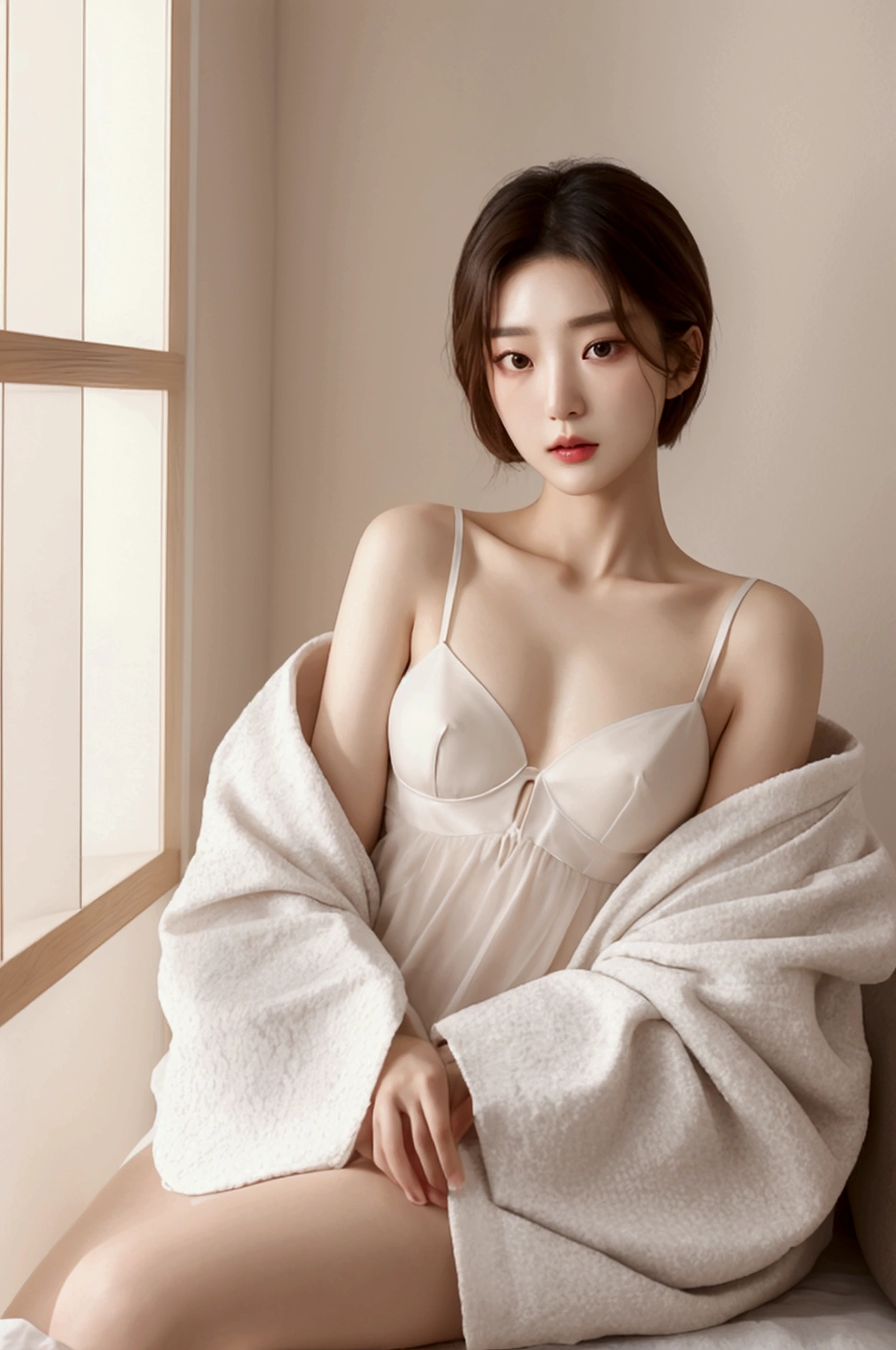best quality, 4K,8K,Practical, Practical, Very detailed, Very delicate and beautiful, RAW photos, Japanese and Korean beauties,Korean beauty,(Attention to detail,Beautiful and delicate lips, My eyebrows are thin and elegant.,A quiet and innocent face, short hair, Looks like Jun Ji-hyun, Looks like Son Ye-jin, dress