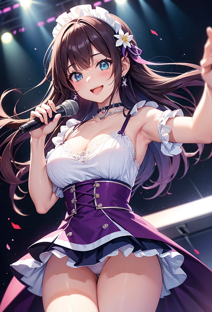 A close-up of a beautiful girl wearing a dress on a stage, anime girl, wearing a purple idol costume, short sleeves, choker with a bow, low-cut chest, long white stockings with lace, looks like a model, singing and dancing on a stage, have a microphone, dark brown hair, wavy hair, long hair, expressive hair, flowers hair ornament, swept bangs, long bangs, aqua eyes, detailed eyes, bright eyes and pupils, blush, joyful expression, purple hair ribbon, crystal earrings, smile, red lips, glossy lips, open mouth, tongue, upper teeth, singing happily, big rounds breasts, thin waist, perfect arms, defined thighs, thin legs, sexy pose, white lace panties, high definition, natural light, high detail, anime, dithering, image fill, perspective, Wide-Angle, f/1.8, 85mm, Sony FE GM, 8k, 8k wallpaper, super detail, highly detailed CG, UHD, retina, masterpiece, accurate, anatomically correct, textured skin, highres, best quality:1.3, 16k