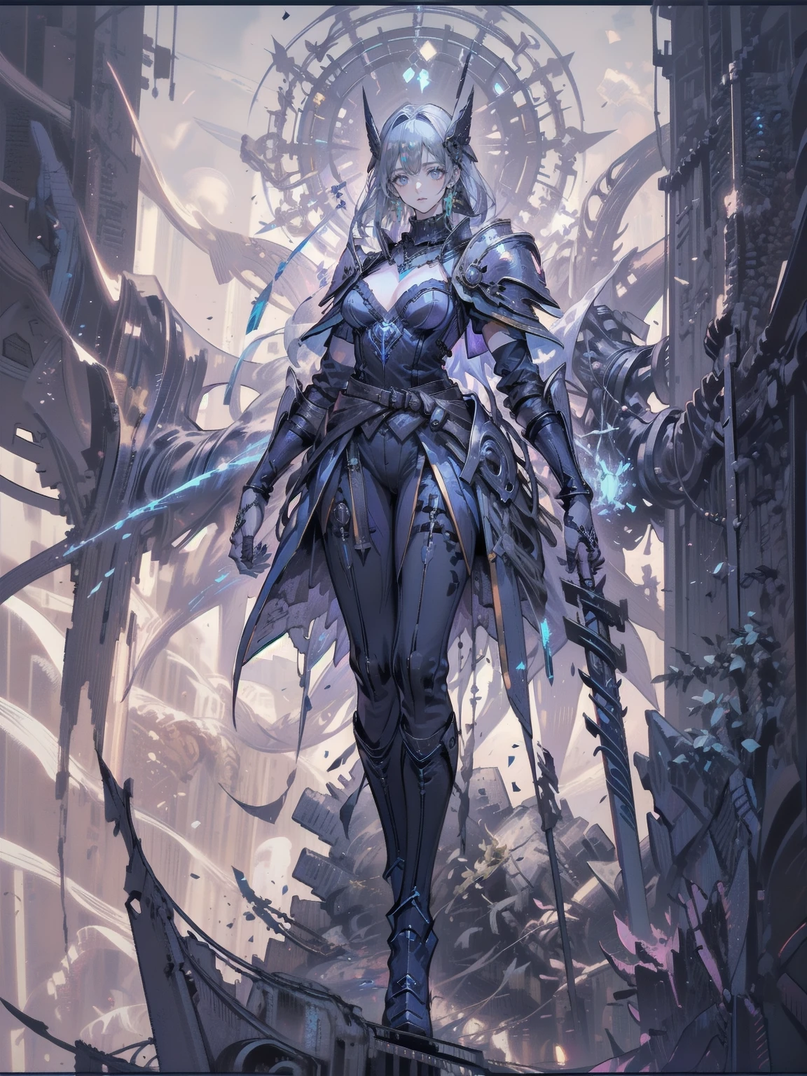 One young and beautiful woman,(Highest quality,Extremely detailed depiction,Incredible high resolution,Anatomically accurate depiction,Curvy Legs),(Glowing Skin,Glowing Skin),(A female swordsman with a noble aura),(Blue Armor,Blue Boots,Metal embroidery,Transparent gemstones and precious metals decoration,Exquisite armor detailing,Holy sword,Valkyrie Helmet,Cape,White tights),(blue eyes,Half-closed eyes:1.3,Shadowed face,lipstick,There is cleavage in the chest,Cool look),eyelash,Luxury Accessories,Earrings,necklace,bracelet,Standing posture