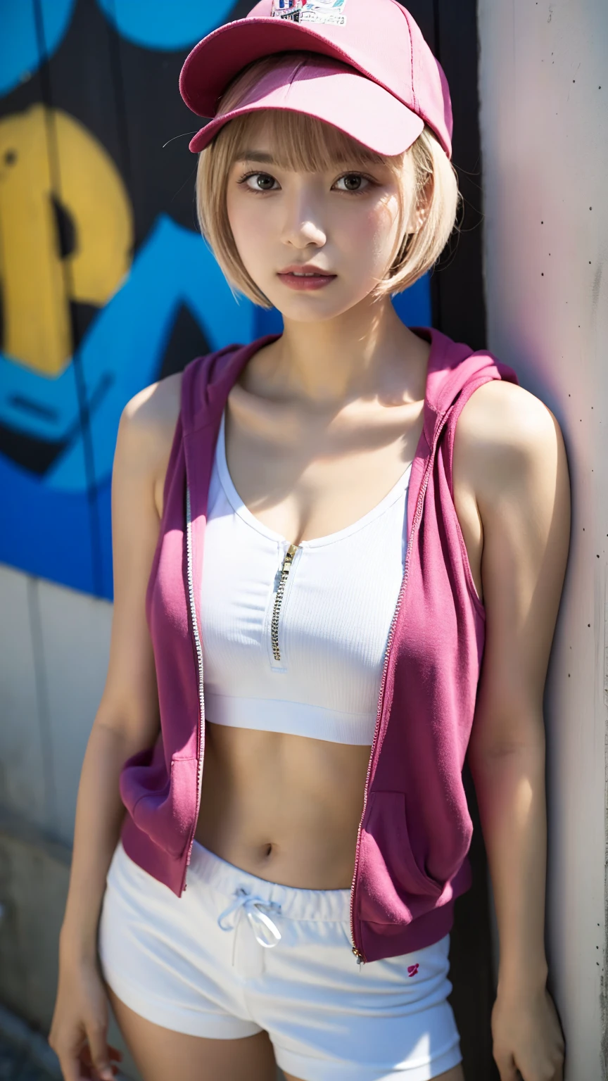 Best Quality, Masterpiece, Beautiful and Aesthetic, 16K, (HDR: 1.4), High Contrast, Bokeh: 1.2, Lens Flare, (Vivid Colors: 1.4),cinematic lighting,depth of field, film lighting, ambient light, side light, exquisite details and textures, cinematic lens, warm tones, (bright and intense: 1.2), wide-angle lens, hyper-realistic, (knee-length view), BREAK 1 girl,Japanese,22 yo,beautifull detailed face,A smile with a little visible teeth,(Slender body:1.5),((Wearing a hoodie)),pastel clothing, ((Have a small handbag)), Beautiful detailed skin,Skin Texture,Floating hair,((fluffy hairstyle)),(Brown short wavy pixie hair over one eye:1.3), saggying breasts with good shape,(cleavage),cheerful pose,day,daylight,outdoor,braless,Sportsbra,sports shorts,(mideum shot:1.3),