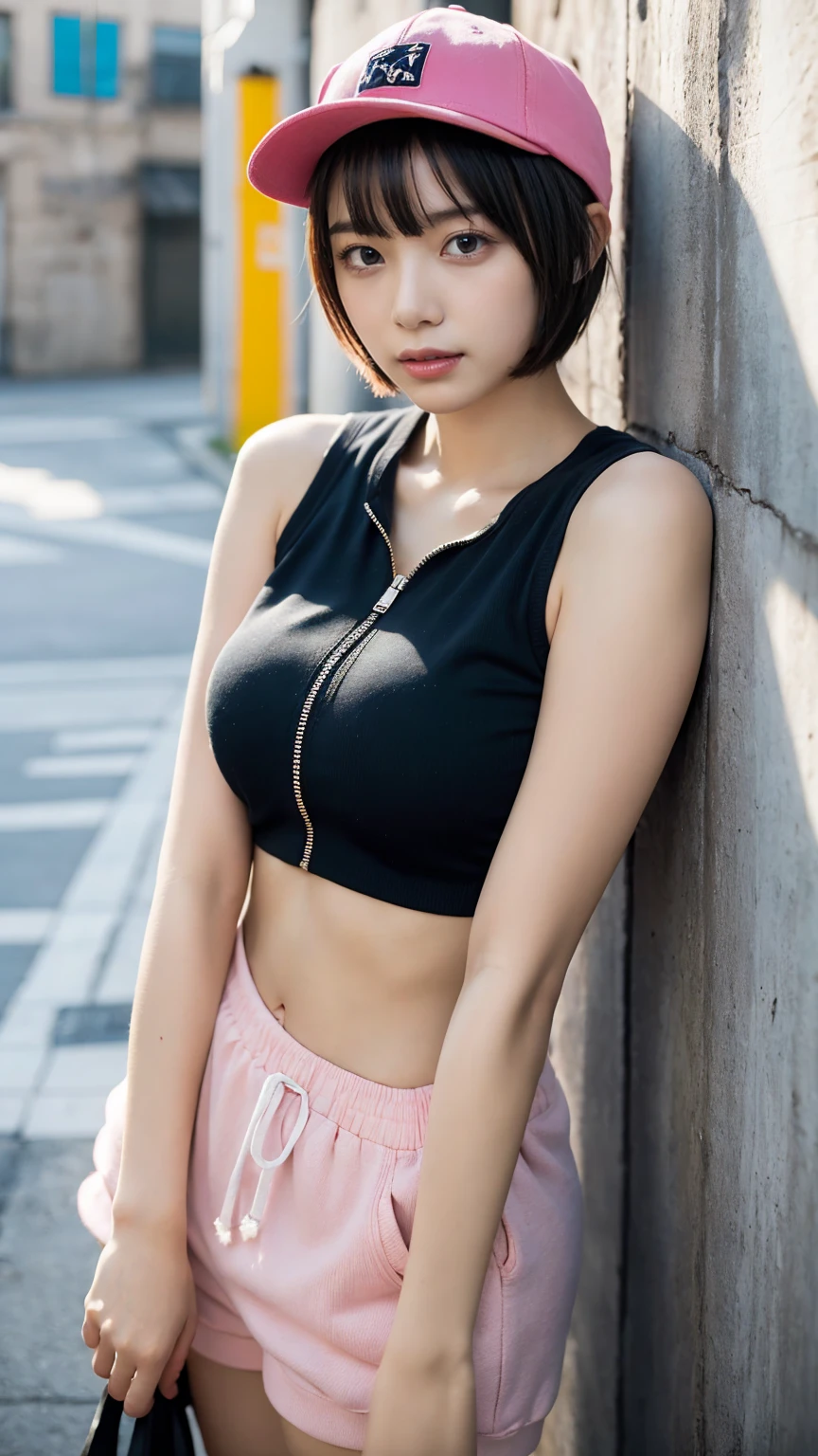 ( (((A beautiful woman))), ((trendy fashion)),(((detailed face))),(), perfect body anatomy, hands on hips, huge breasts,pretty,sleeveless turtle neck, mini-skirt,white silky clothes, purple mini-skirt, 4k , super high resolution ,(photo-realistic: 1.7),white background,black short hair, ((SFW)), cowboy_shot, bokeh, SFW)