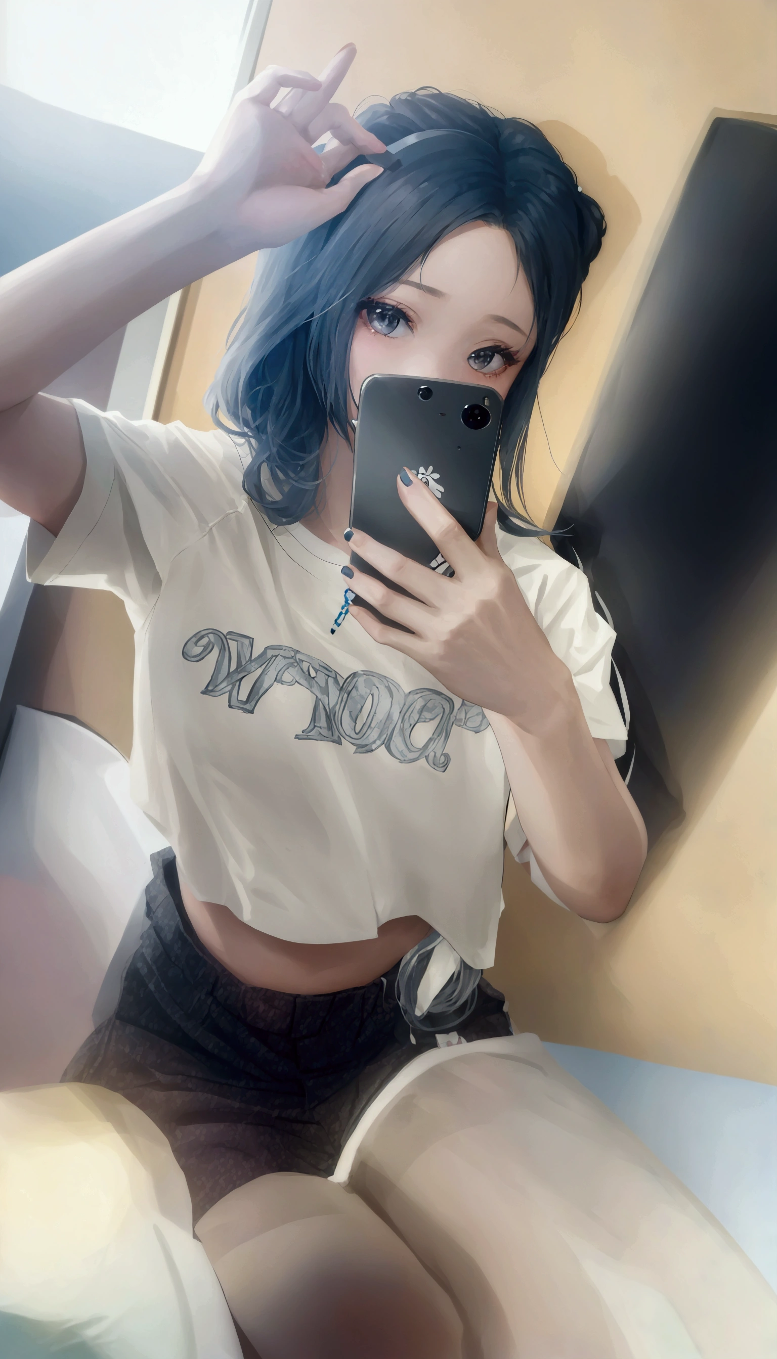 A woman is taking a selfie in the mirror, 破れたクロップT-Shirts, Crop top, 2263539546], Ulzzang, 1 8 is, Low quality photos, 👅 👅, 2 4-year-old female model, T-Shirts, Chiho, Gray hair black hair, 20-year-old, Two 0&#39;s