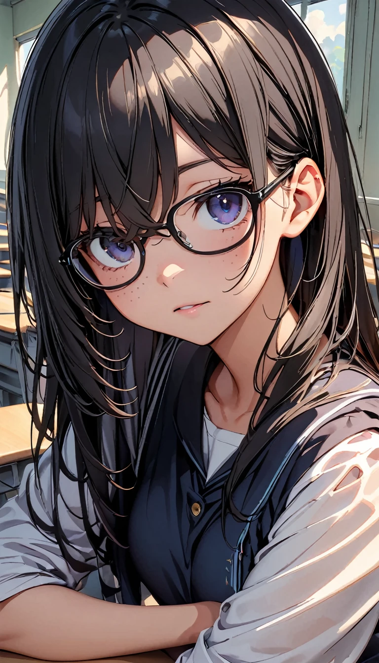 ((((School、During class、classroom)))、、middle School girls、((((((Sit in a chair and take a class、I have a pen、Notebooks and textbooks、)))))(((Serious face、Future outlook、Slender body)))、、Low length、((((((Eyes hidden by long bangs:1.2))))))、((([(freckles、Long black hair:1.2　hair band))))(((( Black-rimmed glasses:1.2　black eye)))、Side view、,Official Art、High resolution、Hyper Detail、[Angle from below:0.7]Upper Body