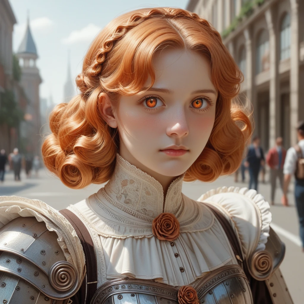 beautiful woman, orange eyes, (blush nose), detailed eyes, cinematic, drawn by Greg Rutkowski, Yoji Shinkawa: 0.6 long curly orange hair, certain body, wear detailed Victorian era armor (((very strong)), masterpiece, Best quality, ultra detailed, Earth, destroyed city backEarth, shadows, contrast, Grey sky, style (look at the viewer: 1.2) (skin texture) (granularity: 1.3), ultra high resolution, Octane render, 16 thousand.
