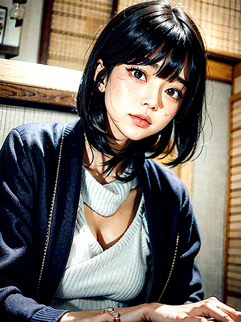 Japanese women、Twenty generations、Black Hair、straight、Medium Bob、Resting one's chin on one's hand、White background、Light pink long sleeve T-shirt