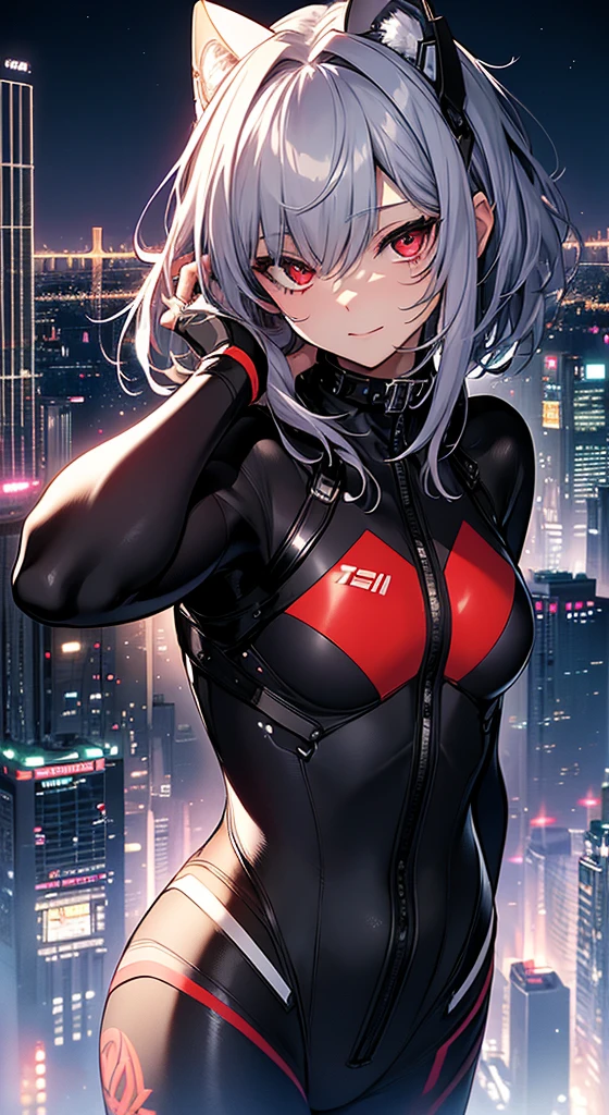 top-quality、Top image quality、in 8K,4K,masterpiece、、Ultra-detail、Beautiful、ultra-quality、adult-like、Cool、girl with(((18year old、rubbersuit:1.2、、silber hair、a short bob、Red Eyes、erotick:1.1、Happiness、The tattoo)))、hiquality、visualart、Background with((nightcity:1.2))、masutepiece,Wide-angle shot,