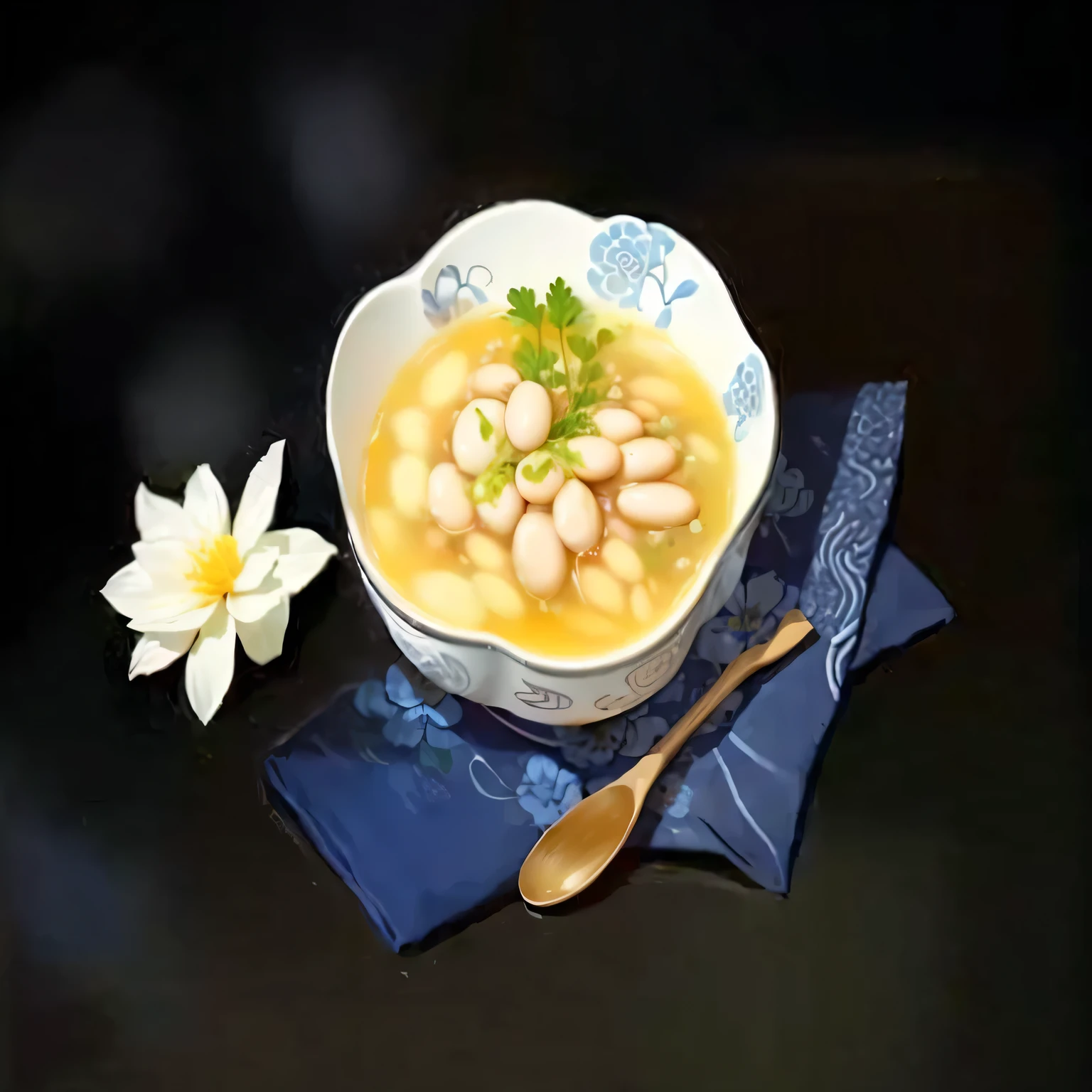 There is a bowl of bean soup and a flower, Inspired by Chen Tingpo, Inspired by Guo Chun, by Qu Leilei, inspired by Cheng Zhengkui, Inspired by Cao Zhibai, Inspired by Qu Leilei, Inspired by Pu Hua, Hyper-realistic food pictures, Inspired by Huayan, Inspired by Roma