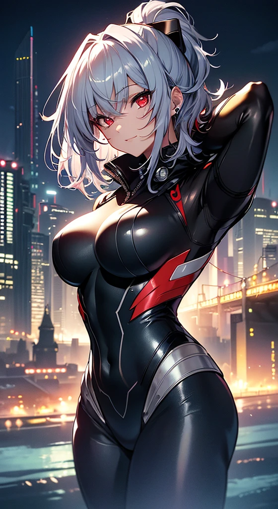 top-quality、Top image quality、in 8K,4K,masterpiece、、ultra-detailliert、Beautiful、ultra-quality、adult-like、Cool、girl with(((18year old、rubbersuit:1.2、、silber hair、a short bob、Red Eyes、erotick:1.1、Happiness、The tattoo)))、hiquality、visualart、Background with((nightcity:1.2))、masutepiece