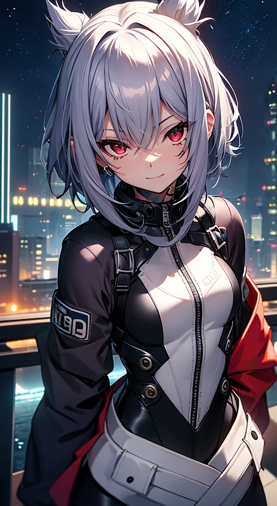 top-quality、Top image quality、in 8K,4K,masterpiece、、ultra-detailliert、Beautiful、ultra-quality、adult-like、Cool、girl with(((18year old、rubbersuit:1.2、、silber hair、a short bob、Red Eyes、erotick:1.1、Happiness、The tattoo)))、hiquality、visualart、Background with((nightcity:1.2))、masutepiece