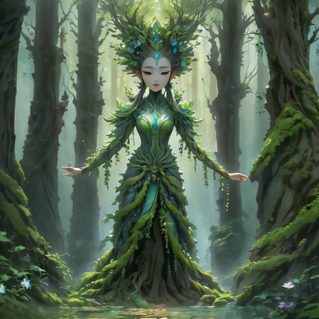 Tree Spirit、Standing posture、((masterpiece))、Fairy、Straight face、Trees