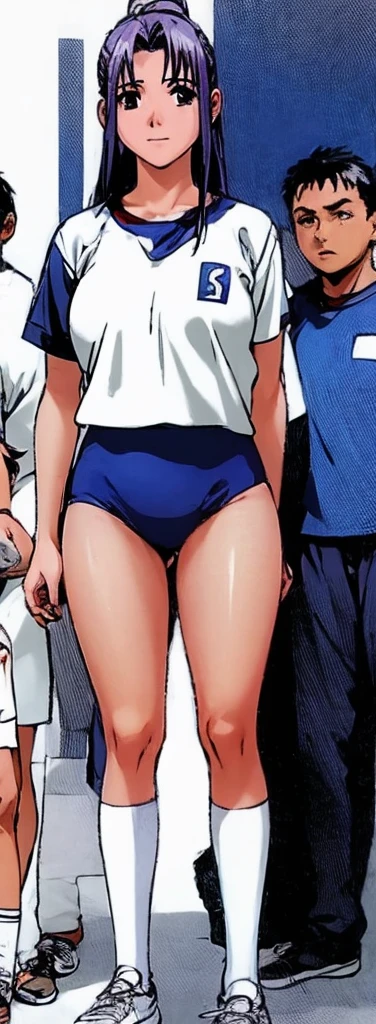Momoko Koigakubo, a tall girl with beautiful legs, is standing with a smile on her face in a white gym uniform and light navy blue bloomers that look like panties.。Momoko Koigakubo is holding a boy in a jersey。