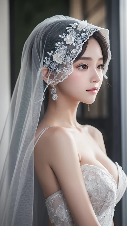 (masterpiece, Highest quality:1.2), One girl, alone,bony body、、Veil on head, Grey Veil, Gray Hair, Grey White, Gubes's art style, Arrogant and indifferent girl, Half-squinted, White eyes玉, White eyes, National style, Off-white