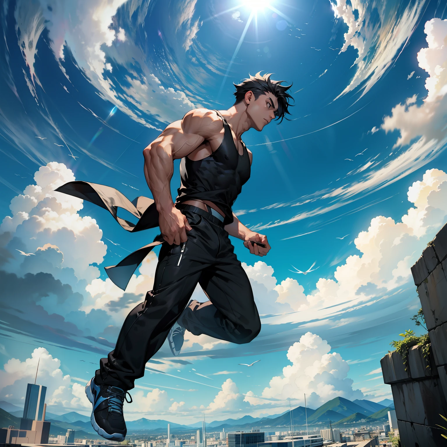 boys 26 Years old, Serious face, muscular, ((black singlets)), black pants, black hair, floating on air, levitate on sky, blue sky, cloud