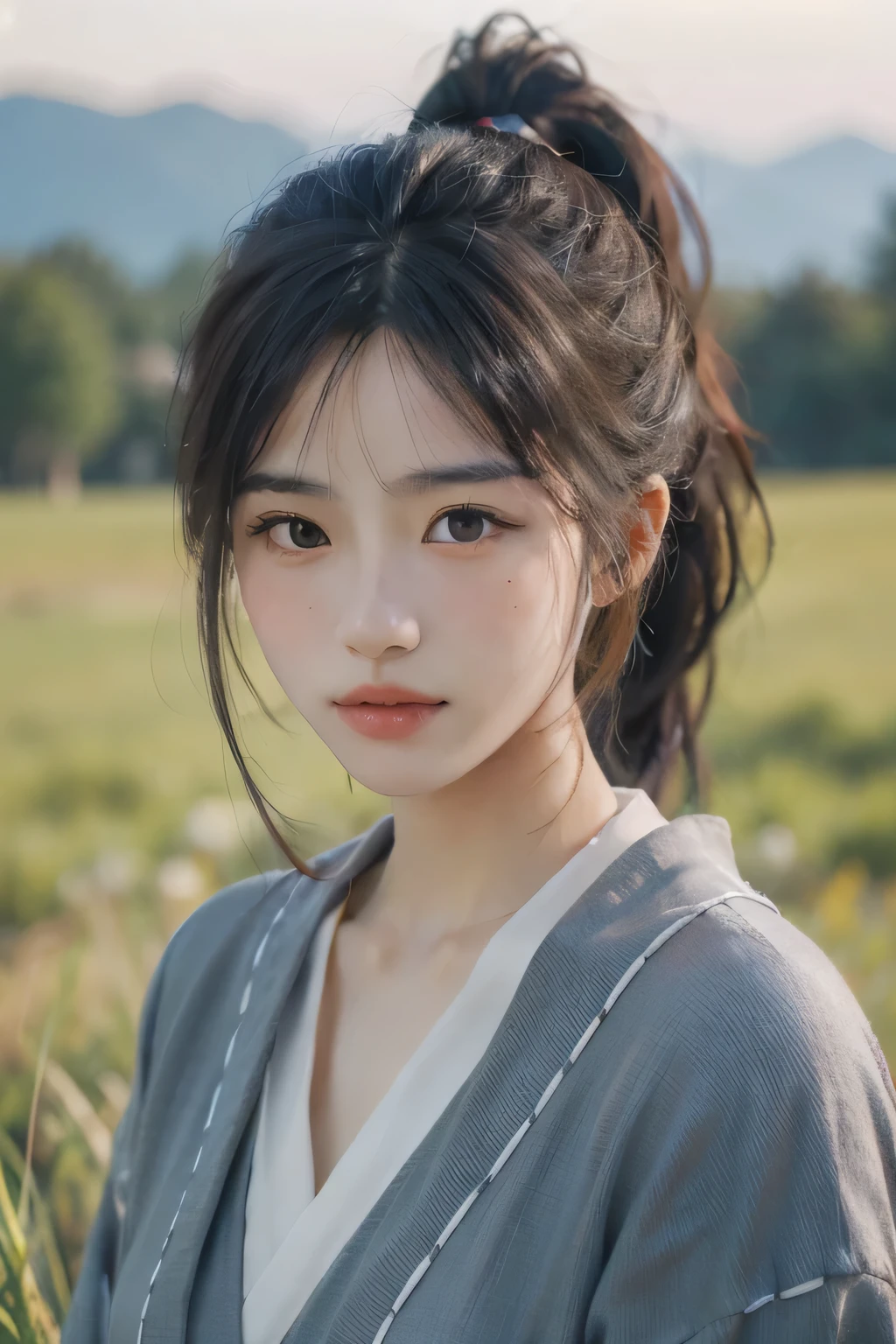 Highest quality, Face Focus, Soft Light, Ultra-high resolution, (Realistic:1.4), RAW Photos, Japanese girl, alone, cute, (A shy smile:0.5), (Brown eyes, Light in your eyes), Beautiful face in every detail, (High resolution detail of human skin texture), (Ponytail Hair), In the grassland, kimono,