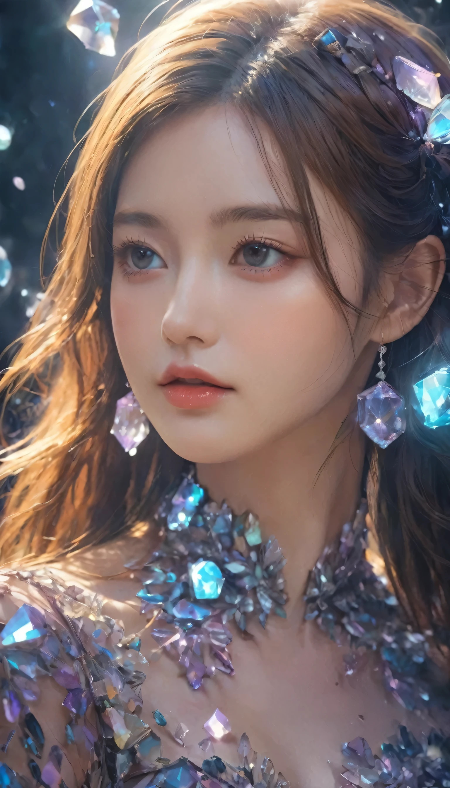 A beautiful woman，Half-length photo，Wearing clothes made of crystal，Surround yourself with magical cave walls made of mineral crystals，covered with precious crystals, Crystal Cluster，underground, exploration, Stibnite crystals，Glowing crystal, fluorite crystal,Related mineral crystals , Mysterious atmosphere, Shiny crystal, Natural Crystal, sparkling reflections, underground湖, Hidden treasure, mineral structure，(Best quality，Extremely detailed，Best Illustration Award，The best shadow，masterpiece，high resolution，），Surrealism，(Multiple Exposure:1.5)