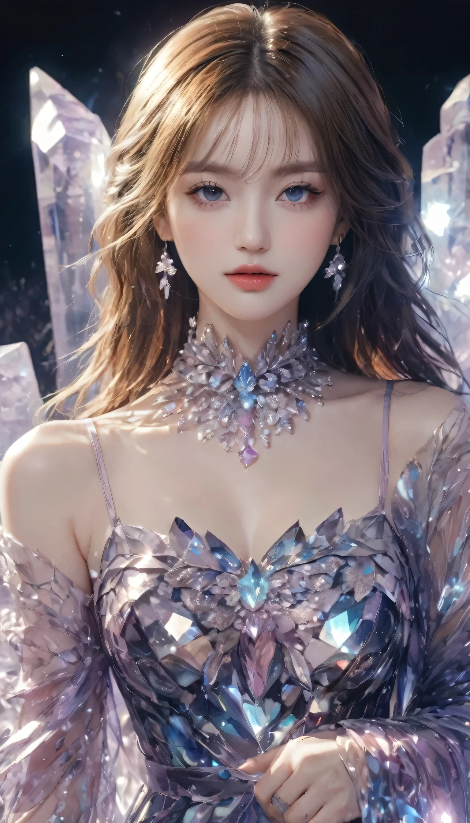 A beautiful woman，Half-length photo，Wearing clothes made of crystal，Surround yourself with magical cave walls made of mineral crystals，covered with precious crystals, Crystal Cluster，underground, exploration, Stibnite crystals，Glowing crystal, fluorite crystal,Related mineral crystals , Mysterious atmosphere, Shiny crystal, Natural Crystal, sparkling reflections, underground湖, Hidden treasure, mineral structure，(Best quality，Extremely detailed，Best Illustration Award，The best shadow，masterpiece，high resolution，），Surrealism，(Multiple Exposure:1.5)