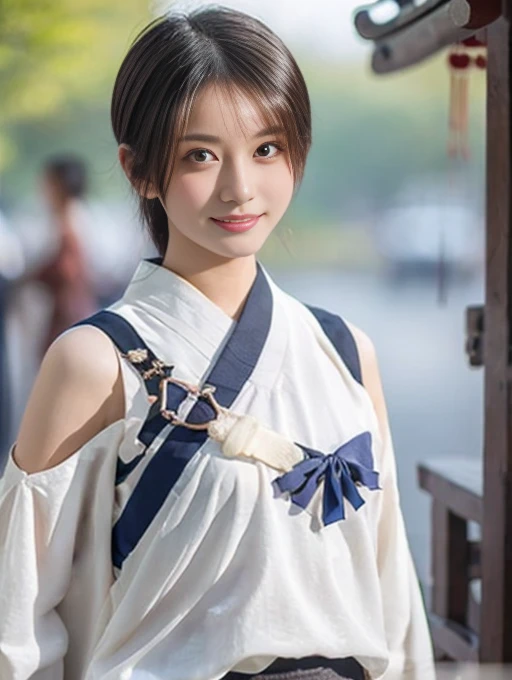 20 year old Japanese beauty，Slim and cute、Bulge of lateral breasts、Slit eyes、I can see from head to toe，Bust is very very large、The background is ancient China、High quality photos、Clear, crisp images of the lower body、Masterpiece 8k、Smiling、Wearing Taoist clothing、Holding a charm