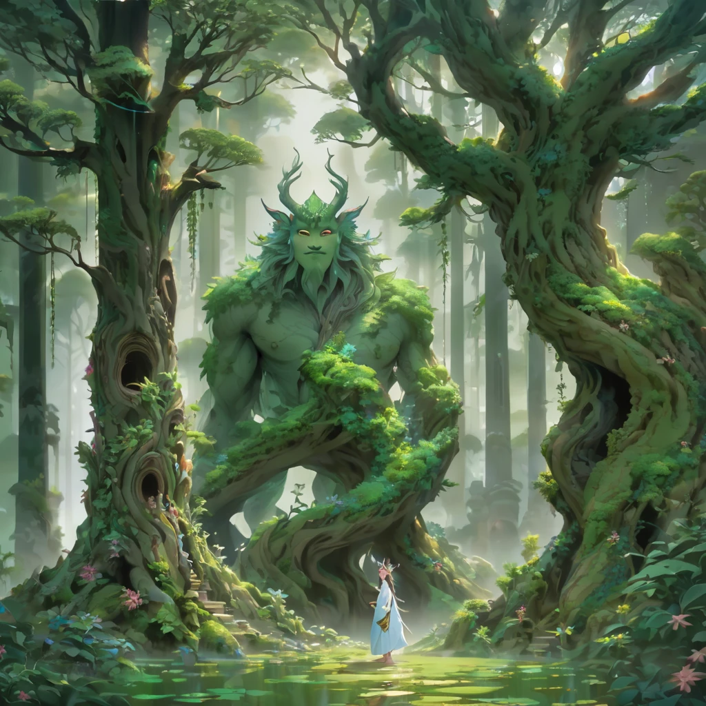 Tree Spirit、Standing posture、((masterpiece))、Fairy、Straight face、Trees、One animal、
