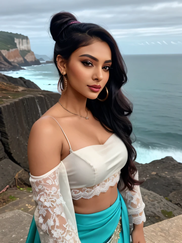 
Create an ultra-realistic image of a modern, attractive female influencer of Indian descent, aged between 27 to 30. She should have a warm and inviting smile, expressive almond-shaped eyes with a slight shimmer, and clear, glowing skin with a medium brown complexion. Her features should be well-defined, with high cheekbones and a sharp jawline. Her hair should be styled in a bun made from a braid, either high or low, and colored in a deep, reddish-purple hue that’s bold yet sophisticated.

She should have a slender yet athletic build, reflecting a healthy and active lifestyle, with a notably larger bust size. She is wearing a turquoise net saree paired with a white lace blouse. The saree should elegantly drape over her figure, highlighting her toned physique and curves.

Her outfit is completed with stylish, understated accessories that enhance her look without overshadowing the saree. The background should feature a dramatic seaside cliff with the ocean and waves crashing below, adding a sense of grandeur and natural beauty to the scene. Her overall appearance should exude confidence, sophistication, and a blend of traditional and contemporary elegance.