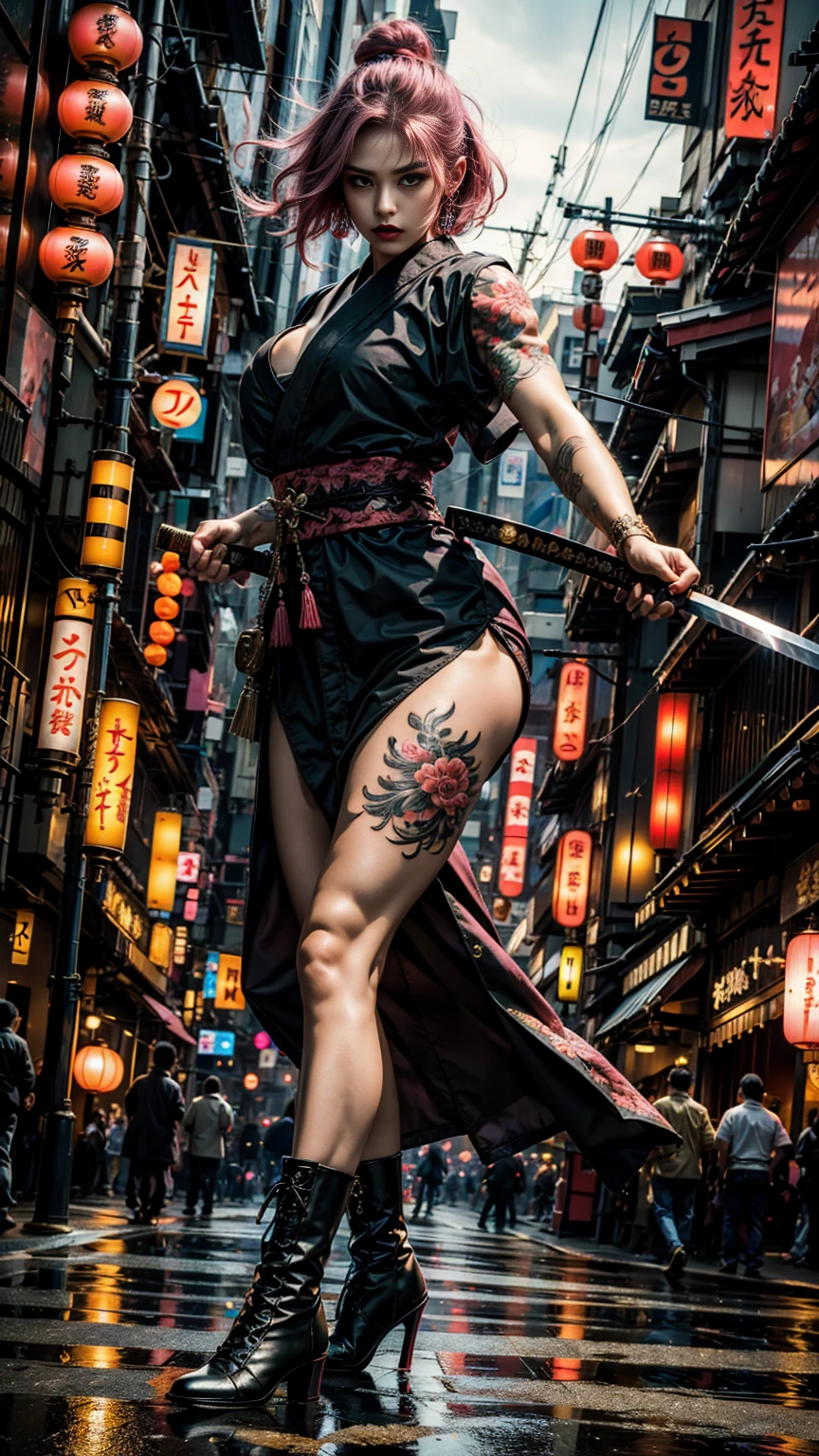 Beautiful Chinese woman, (16 years old), cute face, red lips, white moist skin, moles, (under-eye bags),
BREAK,
Feminine body with high athletic ability, Body of a female fitness model, Feminine body with hard tones, (Muscles: 1.2), (Beautiful belly button),
BREAK,
Fighter, Kung Fu fighter, Idol, (Yakuza), (Yakuza),
BREAK,
(Wearing a cute black kimono: 1.3), (Kimono with a lot of exposure), (Stiletto heels, black long boots 1.3), necklace, very large earrings, short length,
BREAK,
Short hair, (Short bob hair), (Bangs: 1.2), (Pink hair: 1.3), (Wavy hair),
BREAK,
(Very large Japanese sword: 1.4), (Holding the handle of a Japanese sword: 1.3), (Fighting: 1.2), (Getting into a fighting stance), (Beautiful blade of a Japanese sword: 1.2)
BREAK,
(Japanese tattoo: 1.4),
BREAK,
Masterpiece, Perfect lighting, Ultra high resolution, 8K, (Highly detailed: 1.4), (From the front), Looking at the camera, Melancholic expression,
BREAK,
(Tokyo city, lots of people in the background: 1.2), Shibuya city background in Tokyo, Japan, (Neon lights: 1.2)