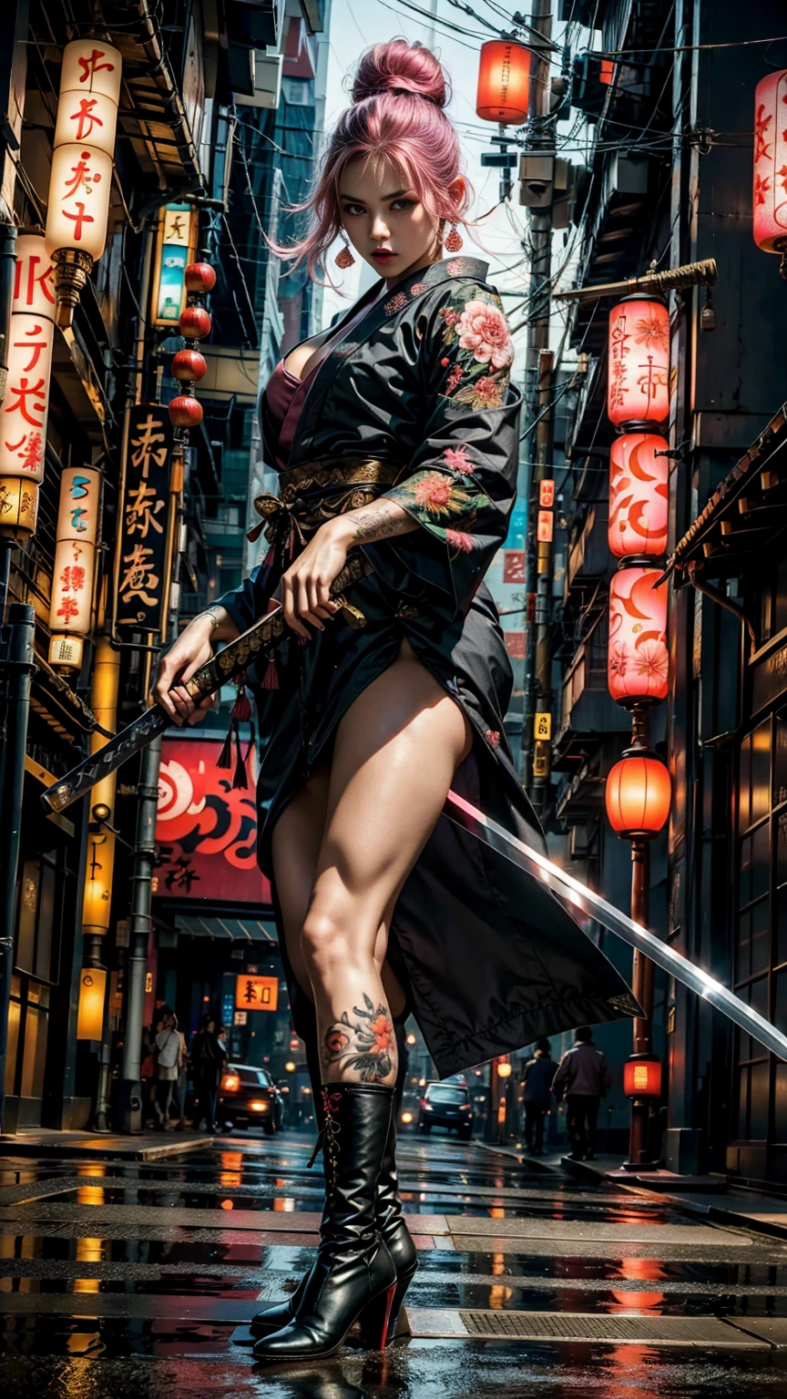 Beautiful Chinese woman, (), cute face, red lips, white moist skin, moles, (under-eye bags),
BREAK,
Feminine body with high athletic ability, Body of a female fitness model, Feminine body with hard tones, (Muscles: 1.2), (Beautiful belly button),
BREAK,
Fighter, Kung Fu fighter, Idol, (Yakuza), (Yakuza),
BREAK,
(Wearing a cute black kimono: 1.3), (Kimono with a lot of exposure), (Stiletto heels, black long boots 1.3), necklace, very large earrings, short length,
BREAK,
Short hair, (Short bob hair), (Bangs: 1.2), (Pink hair: 1.3), (Wavy hair),
BREAK,
(Very large Japanese sword: 1.4), (Holding the handle of a Japanese sword: 1.3), (Fighting: 1.2), (Getting into a fighting stance), (Beautiful blade of a Japanese sword: 1.2)
BREAK,
(Japanese tattoo: 1.4),
BREAK,
Masterpiece, Perfect lighting, Ultra high resolution, 8K, (Highly detailed: 1.4), (From the front), Looking at the camera, Melancholic expression,
BREAK,
(Tokyo city, lots of people in the background: 1.2), Shibuya city background in Tokyo, Japan, (Neon lights: 1.2)