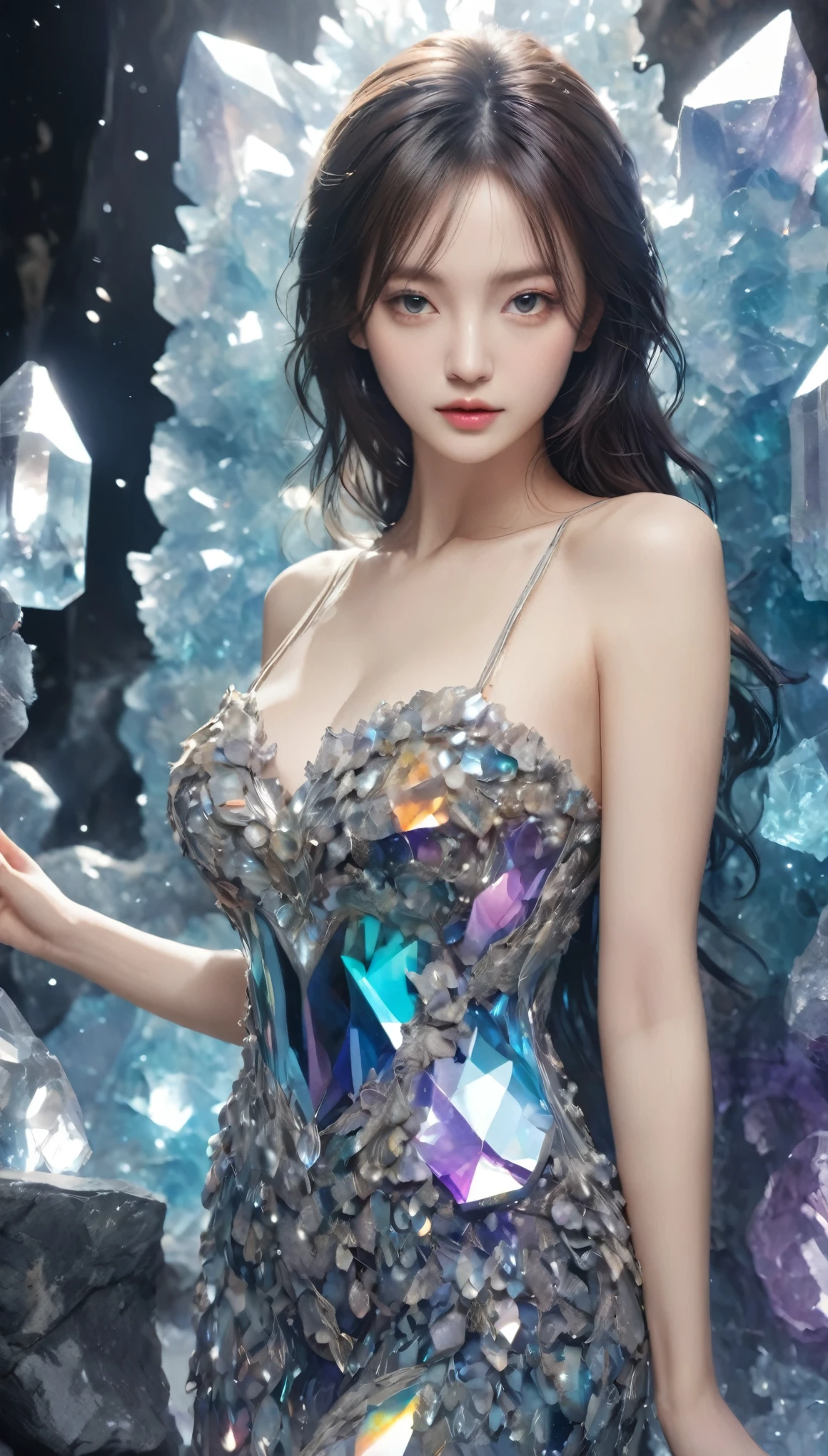 A beautiful woman，Half-length photo，Wearing clothes made of crystal，Surround yourself with magical cave walls made of mineral crystals，covered with precious crystals, Crystal Cluster，underground, exploration, Stibnite crystals，Glowing crystal, fluorite crystal,Related mineral crystals , Mysterious atmosphere, Shiny crystal, Natural Crystal, sparkling reflections, underground湖, Hidden treasure, mineral structure，(Best quality，Extremely detailed，Best Illustration Award，The best shadow，masterpiece，high resolution，），Surrealism，(Multiple Exposure:1.5)