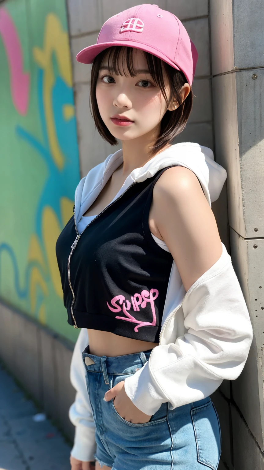 masterpiece, highest quality, Super detailed, 8k, Photorealistic, One girl, alone, Tomboy, Super detailed face, (head shot:1.5), Standing against a wall covered in hip-hop graffiti, White hair color with pixie cut, She is wearing a short tank top and an unzipped fluorescent pink hoodie.,The chest is visible,Nice butt,Wearing a New Era cap