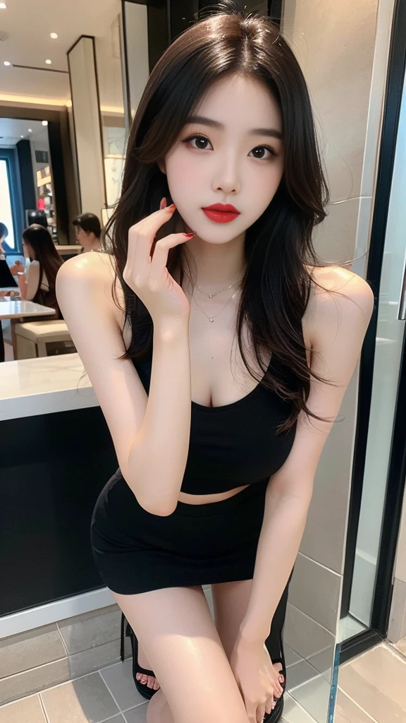 high quality, realistic, Mall, Korean woman looking in the window of a clothing store, A dazzlingly beautiful face, slim and nice body, sexy top, mini skirt, sandals high heels, luxury bag, Waiting while checking smartphone, manicure, pedicure, nail art, apply lipstick while looking in the mirror