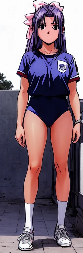 Momoko Koigakubo, a tall girl with beautiful legs, is standing with a smile on her face in a white gym uniform and light navy blue bloomers that look like panties.。Momoko Koigakubo is holding a boy in a jersey。