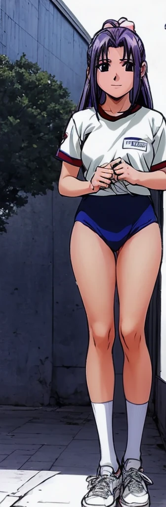 Momoko Koigakubo, a tall girl with beautiful legs, is standing with a smile on her face in a white gym uniform and light navy blue bloomers that look like panties.。Momoko Koigakubo is holding a boy in a jersey。