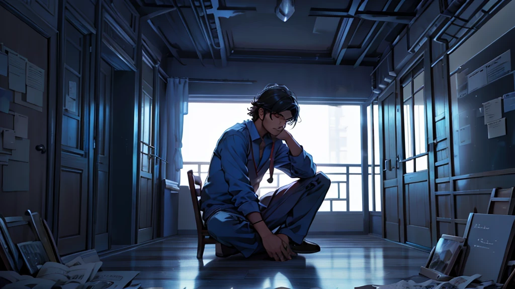 Lyrics: मैले भुल्न सकिन....
Image Prompt: 24 year old man sitting in a dimly lit room, surrounded by photos and memories of a past relationship, looking down at a photo in their hands.