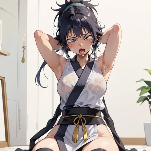 1girl, (ahegao),（muscle1.4）, (masterpiece:1.3), (high resolution), (8K), (extremely detailed), (4k), (pixiv), perfect face, nice eyes and face, (best quality), (super detailed), detailed face and eyes, (solo), textured skin, absurdres, highres, wzkomachine, white eyes, Small breasts, sash, bike shorts, short sleeves, bangs, black gloves, fingerless gloves, long hair, black hair,ponytail, japanese clothes, kimono, sitting on floor, looking at viewer,Nipple exposure,Sexy, flirtatious, Solitary, eternity, - Hip vents, No underwear,No eyeballs, Also available in black, low twin braids,Facing the audience, looking at the audience, tired, from below, (Exposed armpit:1.1), ((armpit:1.2)), sexy, Sweating, More and more sweat,(ahegao), (Roll your eyes), Naughty face, blush, open mouth, Sticking out tongue, saliva, Slobber,Skinny, raise arms, (arms above head:1.5)
