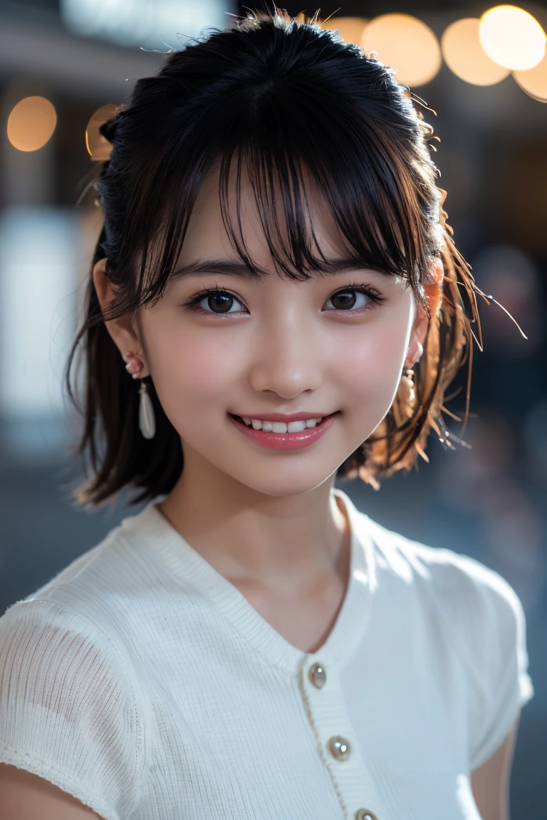 (8k, RAW Photos,Highest quality, High resolution:1.1), (Ultra-realistic:1.4),(Realistic:1.4), Realistic Face,Realistic Body,Realistic Skin,masterpiece,(cute:1.8), cute子たち, Fine black eyes,Innocent eyes,Cinema Lighting,Film Grain,jewelry,Earrings,((Medium Hair:1.1)),Cherry colored lips,Hair Ribbon,ponytail,Viewer,Long Hair,,Open your lips,Upper teeth, (Smiling Eyes:0.6),((Grin:1.3)),Blurred Background, Eye focus , Bokeh,young, 85mm lens,young,Portraiture,Photon Mapping,Radio City,Physically Based Rendering,Asian,(Knit dress:1.3))