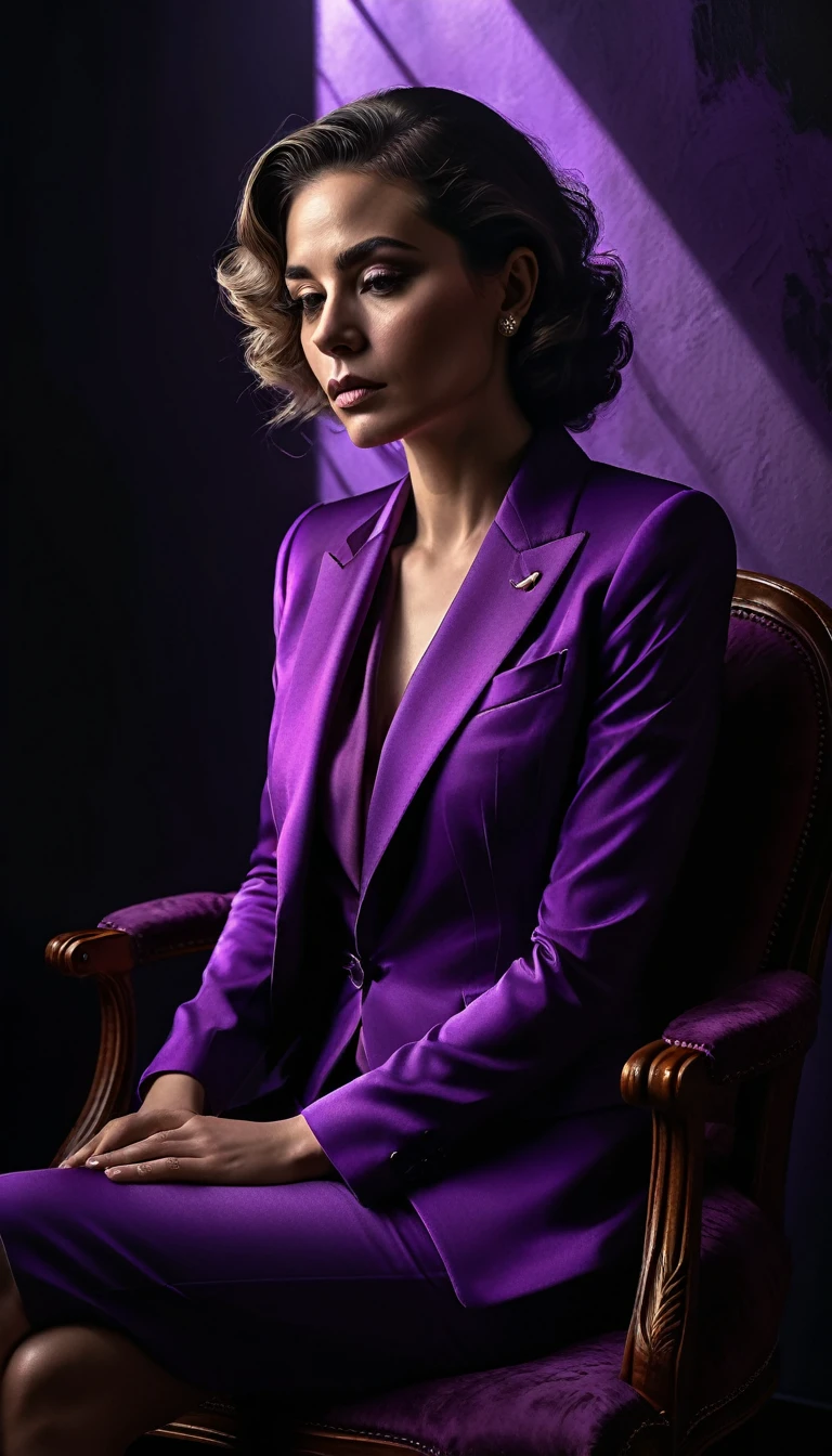 Woman in contemplation seated on a chair, adorned in a purple suit, against a noir background, emanating an aura of reverence, chiaroscuro lighting emphasizing her thoughtful expression, suit details sharp and luxurious, shadows playing across the scene, digital painting, ultra fine details, cinematic.