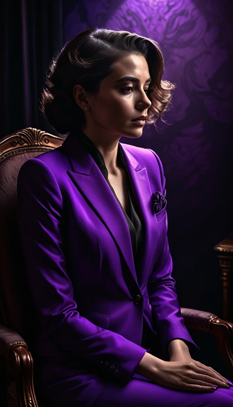Woman in contemplation seated on a chair, adorned in a purple suit, against a noir background, emanating an aura of reverence, chiaroscuro lighting emphasizing her thoughtful expression, suit details sharp and luxurious, shadows playing across the scene, digital painting, ultra fine details, cinematic.