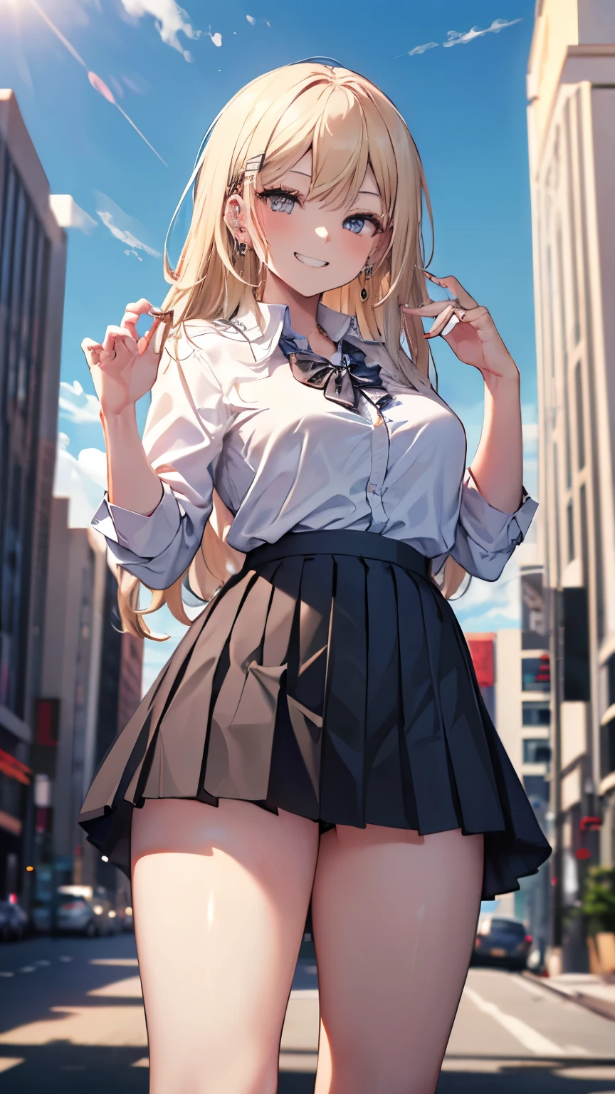 1girl, solo, Kashiwazaki Sena, butterfly hair ornament, long hair, hair ornament, blonde hair, skirt, school uniform, s. chronic gym school uniform, open mouth, smile, plaid skirt, blue eyes, plaid shirt, shirt, breasts, hand on hips, :d, pleated skirt, open_shirt, striped panties