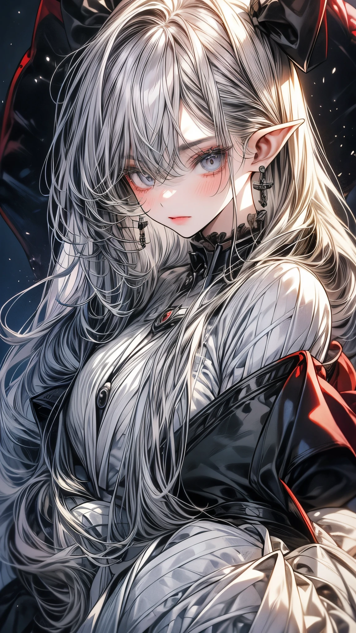 One beautiful woman, a vampire woman,elf ears,
long hairstyle 、silver hair color , grey eyes、
Two-tone hair colors,small face、anime makeup、"A girl with a cute and androgynous face"、white skin、cute eyes、Very thin eyebrows、tall、stylish black luxury fashion、stylish outfits 、、19 years old、British girl、Has a languid look、anger、Lower the corners of your mouth with no expression on your face、Photographed from the side diagonally、model photoshoot、masterpiece、highest quality、high resolution、luxurious 、glaring expression、korean makeup 、Cool photos、Various poses、rich , an expression of despair, lifeless eyes , Gothic outfit