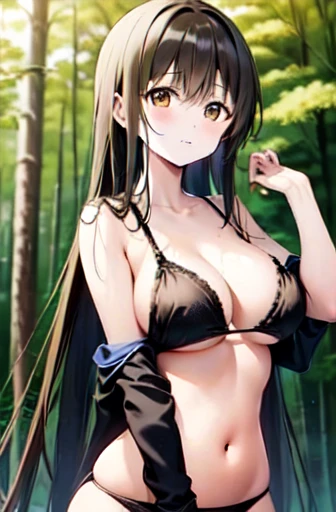 shiina mahiru, Yellow Eyes , bikini, forest,Big Breasts、Long black hair、naked