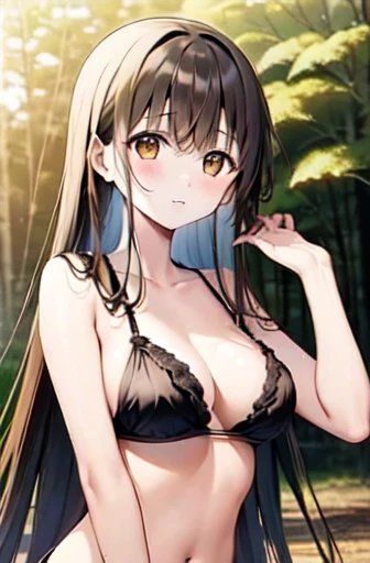 shiina mahiru, Yellow Eyes , bikini, forest,Big Breasts、Long black hair、naked