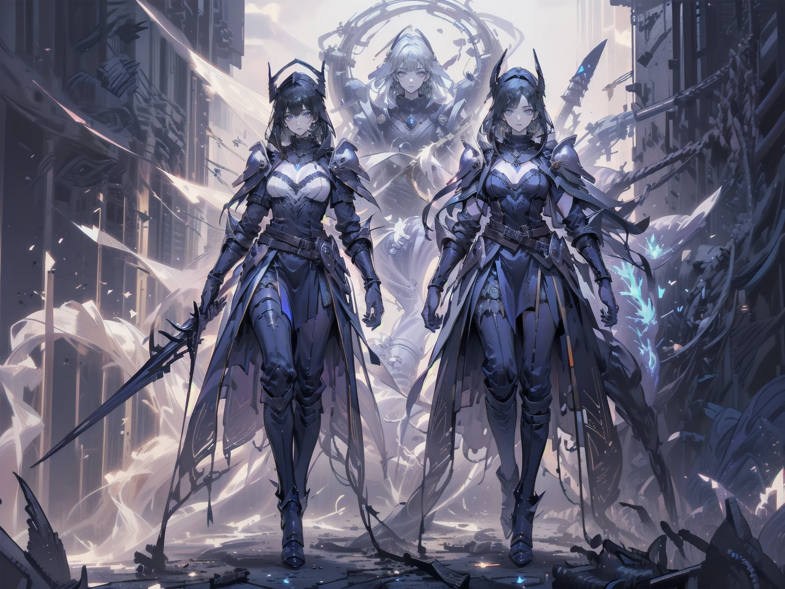 One young and beautiful woman,(Highest quality,Extremely detailed depiction,Incredible high resolution,Anatomically accurate depiction,Curvy Legs),(Glowing Skin,Glowing Skin),(A female swordsman with a noble aura),(Blue Armor,Blue Boots,Metal embroidery,Transparent gemstones and precious metals decoration,Exquisite armor detailing,Holy sword,Valkyrie Helmet,Cape,White tights),(blue eyes,Half-closed eyes:1.3,Shadowed face,lipstick,There is cleavage in the chest,Cool look),eyelash,Luxury Accessories,Earrings,necklace,bracelet,Standing posture