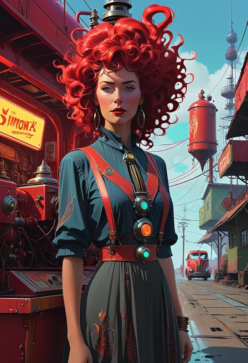 Ava Red, the Wizard of Magical Colors, mechanical priestess, Honky Tonk Girl, illustrated by Simon Stålenhag, redting, digital art, trending on artstation, movie concept art
