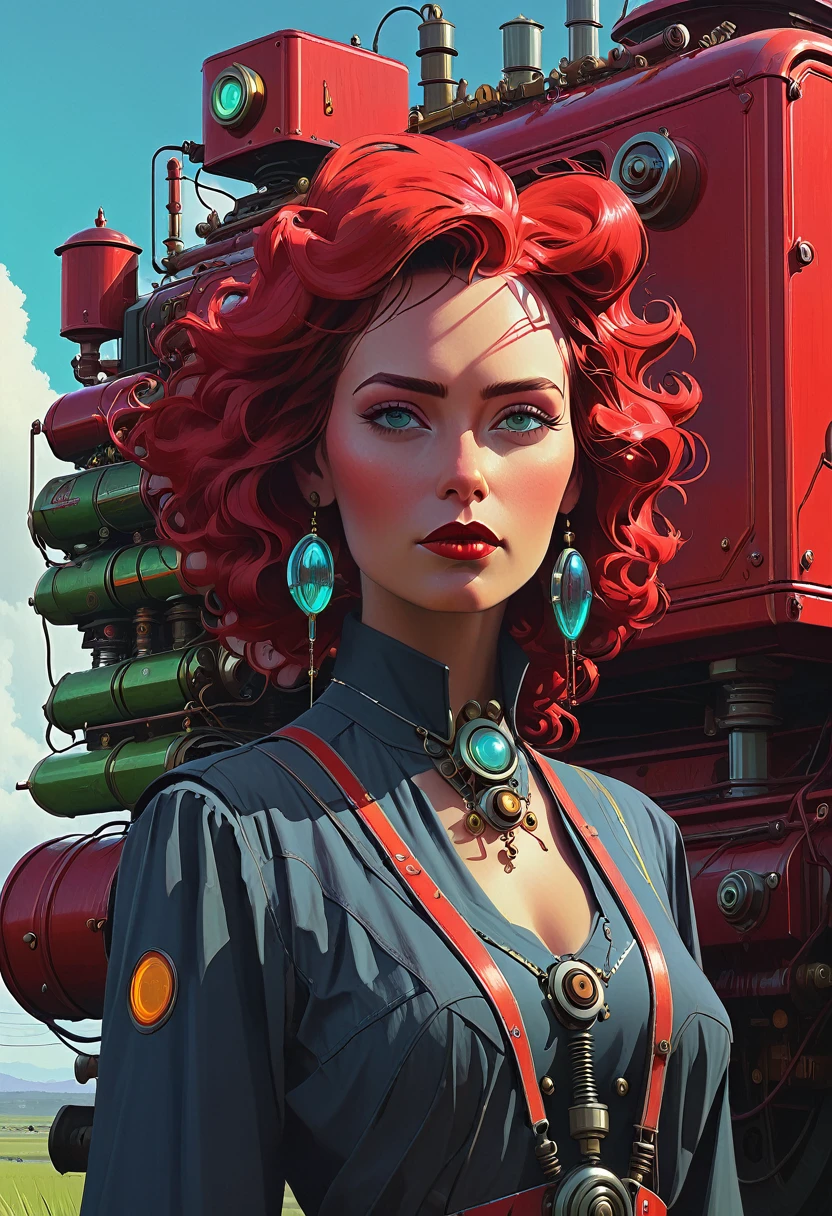 Ava Red, the Wizard of Magical Colors, mechanical priestess, Honky Tonk Girl, illustrated by Simon Stålenhag, redting, digital art, trending on artstation, movie concept art