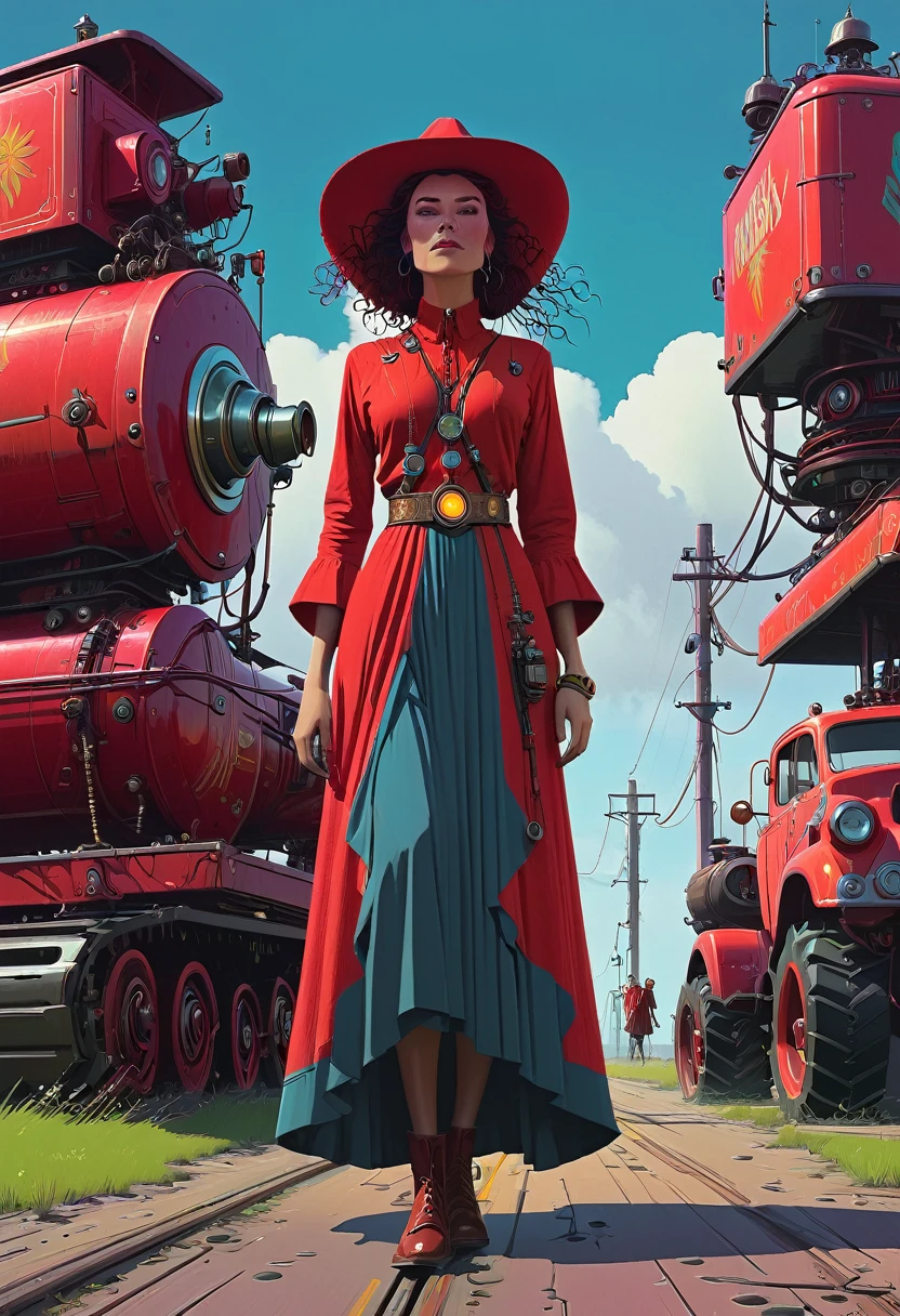 Ava Red, the Wizard of Magical Colors, mechanical priestess, Honky Tonk Girl, illustrated by Simon Stålenhag, redting, digital art, trending on artstation, movie concept art