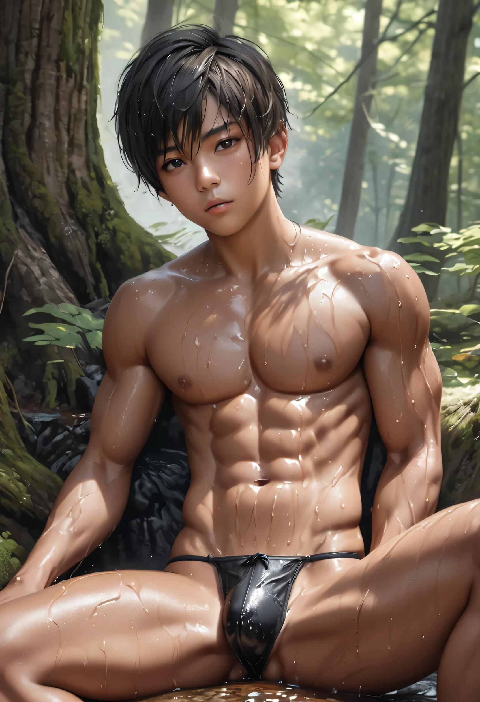 high quality, detailed, Realistic,(one  tanned japanese boys:1.5), (detailed black eyes), (black short hair), (muscle:1.2), (tanned dark brown skin), woods, (black tiny thong), (bulge), (detailed nipples), detailed areola, best quality, 4k, 8k, highres, (masterpiece:1.2),ultra-detailed, (realistic, photorealistic, photo-realistic:1.37), (wet body),spread legs,--no watch,