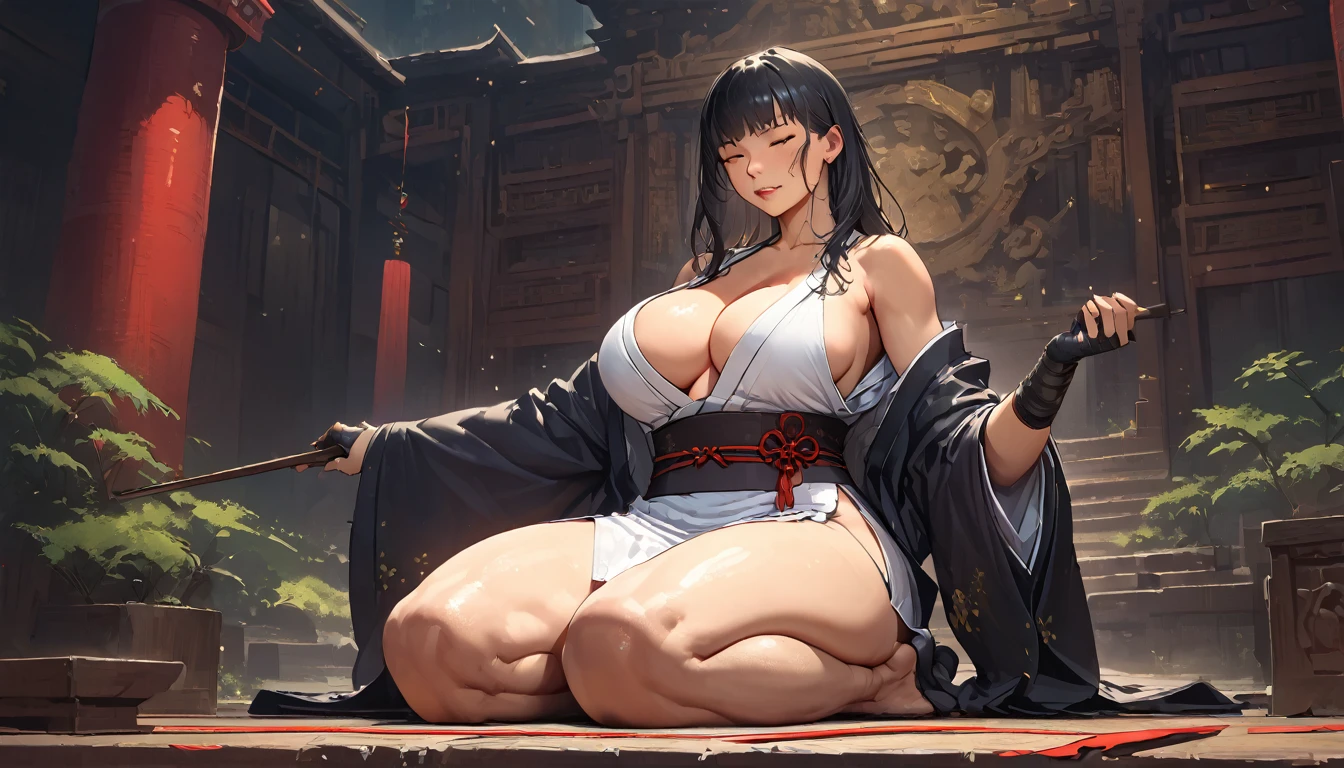 best quality,4k,8k,highres,masterpiece:1.2),ultra-detailed, extremely detailed eyes, extremely detailed body, (large masterpiece digital art), (detailed manga illustration), (detailed line art), ((perfect anatomy)), (intricate details:1.3), (ultra-detailed:1.3), (illustration:1.3), (sharp focus:1.3), (natural lighting:1.05), (vivid colors:1.3), (masterpiece), (best quality:1.4), (perfect anatomy:1.4), high quality, expressive eyes, full body, detailed face, beautiful face, perfect face, 1 girl, , cleavags, large breasts, Japanehes, jacket, (underboob), robe, sash, belt pouchs, very long hair, thigh length hair, Japanese female, detailed ((black hair)), straight hair, Hime cut , closed eyes, curvaceous physique, arm wrap, hakama, hakama skirt, haori, miko, monk, thick thighs, to dynamic lighting, cinematic lighting, seiza, meditation, focused, ((Japanese temple background)), curvy, Atey Ghailan, Jeremy Mann, Greg Manchess, Antonio Moro, trend in ArtStation, trend in CGSociety, Intricate, High Detail, Sharp focus, dramatic and photorealistic painting art by Midjourney and Greg Rutkowski, Jeff Bridges, ((cartoon style)), Marvel Cinematic Universe style