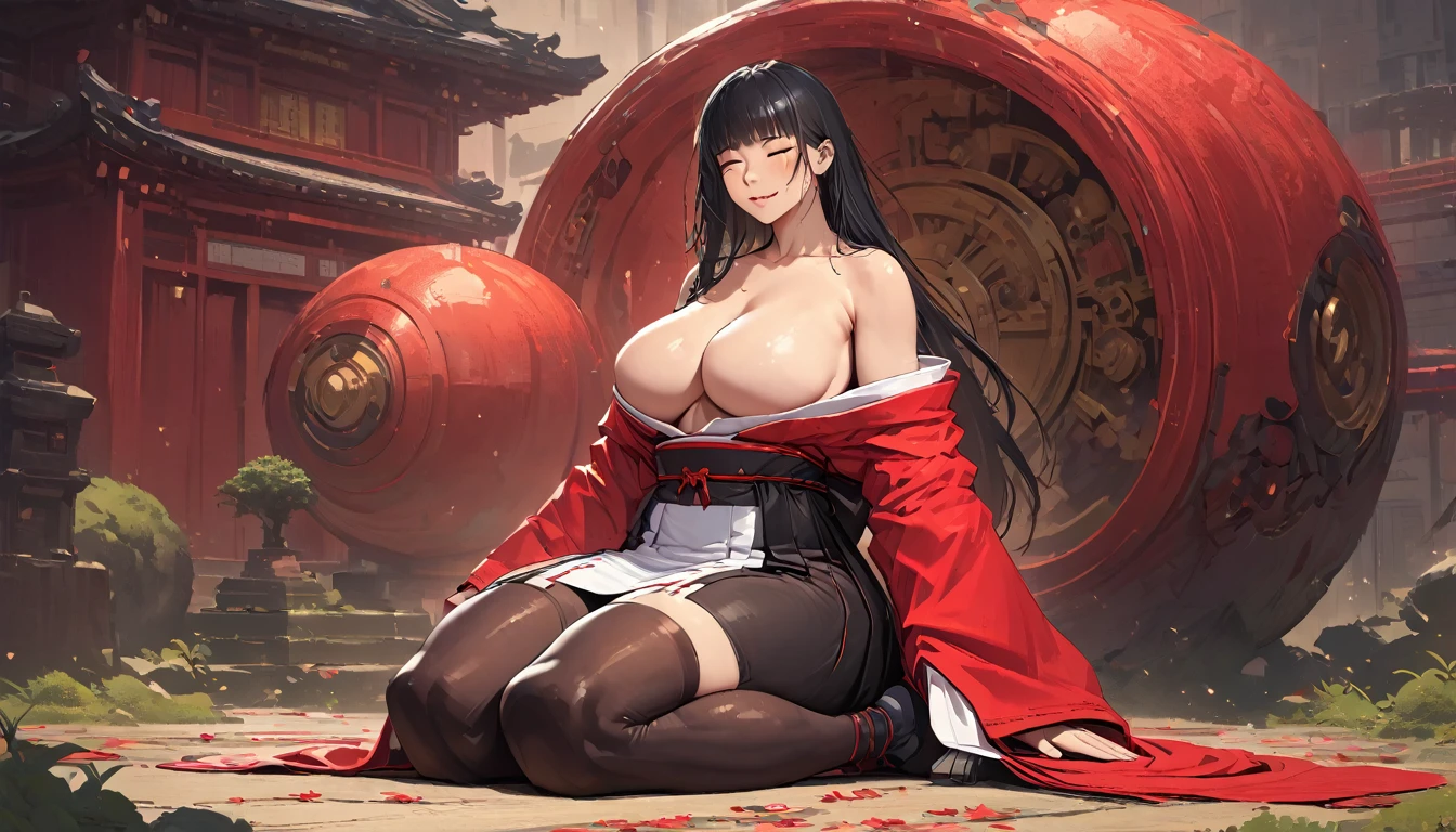 best quality,4k,8k,highres,masterpiece:1.2),ultra-detailed, extremely detailed eyes, extremely detailed body, (large masterpiece digital art), (detailed manga illustration), (detailed line art), ((perfect anatomy)), (intricate details:1.3), (ultra-detailed:1.3), (illustration:1.3), (sharp focus:1.3), (natural lighting:1.05), (vivid colors:1.3), (masterpiece), (best quality:1.4), (perfect anatomy:1.4), high quality, expressive eyes, full body, detailed face, beautiful face, perfect face, 1 girl, breasts, cleavage, gloves, large breasts, Japanese clothes, jacket, (underboob), robe, sash, belt pouchs, very long hair, thigh length hair, Japanese female, detailed ((black hair)), straight hair, Hime cut , closed eyes, curvaceous physique, arm wrap, hakama, hakama skirt, haori, miko, monk, thick thighs, toned, dynamic lighting, cinematic lighting, seiza, meditation, focused, ((Japanese temple background)), curvy, Atey Ghailan, Jeremy Mann, Greg Manchess, Antonio Moro, trend in ArtStation, trend in CGSociety, Intricate, High Detail, Sharp focus, dramatic and photorealistic painting art by Midjourney and Greg Rutkowski, Jeff Bridges, ((cartoon style)), Marvel Cinematic Universe style