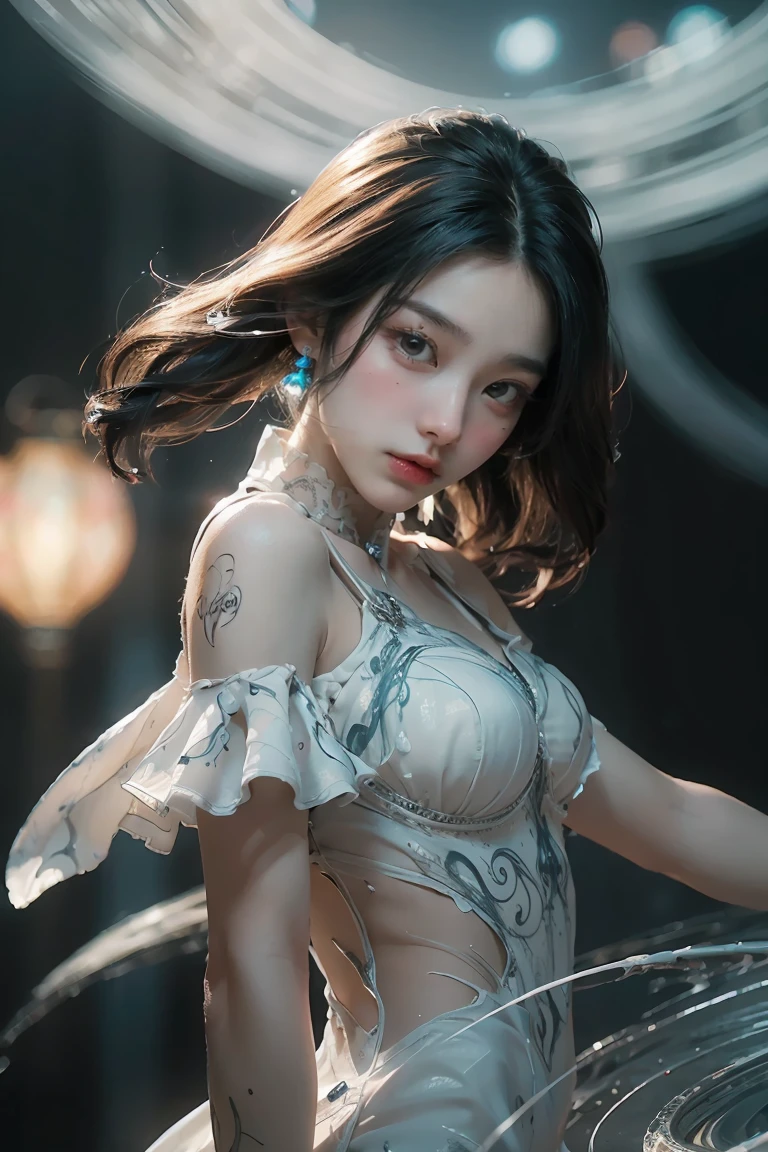 ((masterpiece, best quality)), ultra detailed 8k, photorealistic, sharp focus, highly detailed, professional lighting , shadowmancer, photo of a woman, ink particle, ((swirling black ink floating around)), futuristic fantasy, futuristic white dress, dynamic pose, realistic, masterpiece, intricate details, detailed background, depth of field,