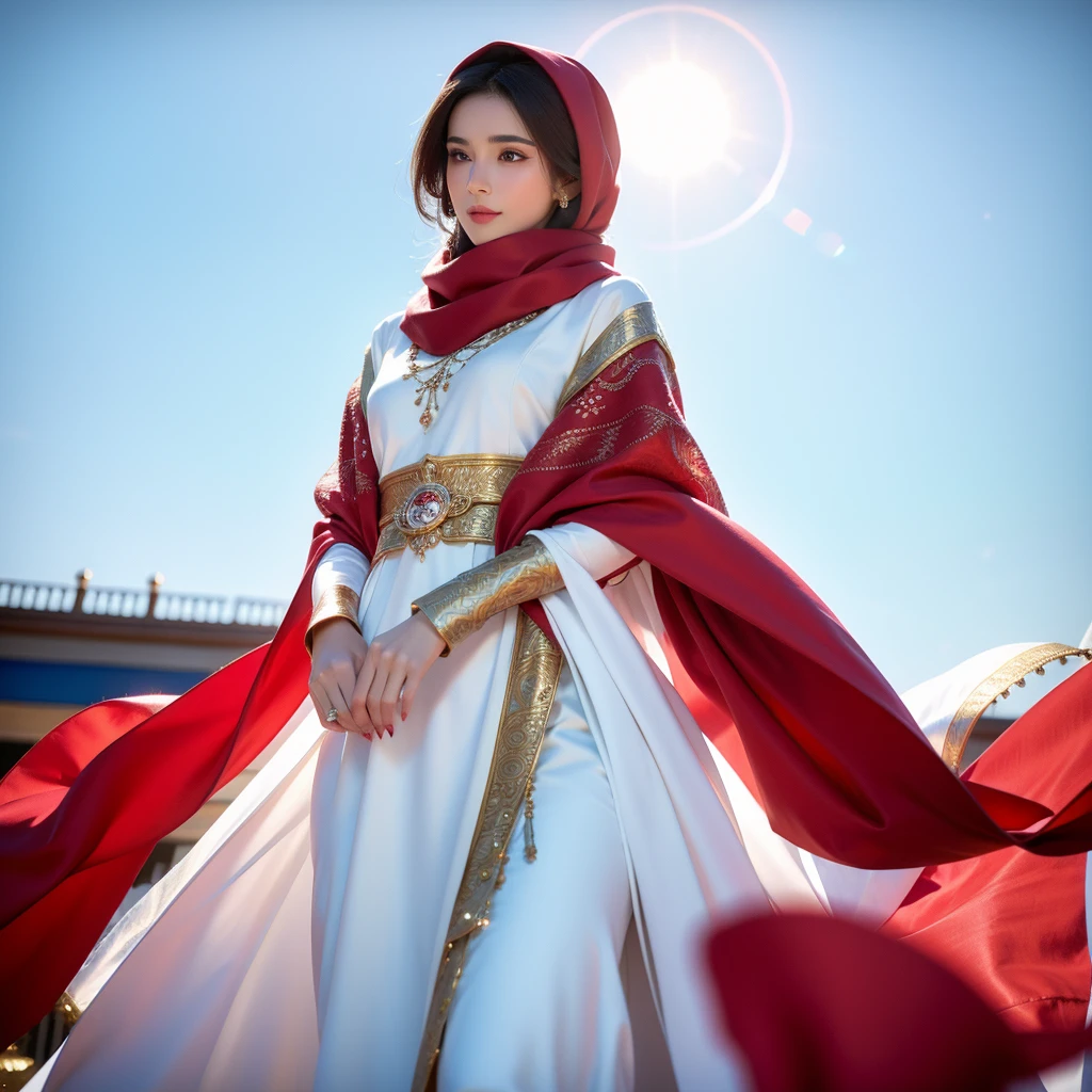 arafed woman in a white and gold dress and a red scarf, a picture inspired by Nazmi Ziya Güran, shutterstock, hurufiyya, beautiful oriental woman, white hijab, wonderful, wearing a luxurious silk cloak, portrait shot, traditional beauty, captured on canon eos r 6, arabian beauty, beautiful arab woman, gorgeous lady